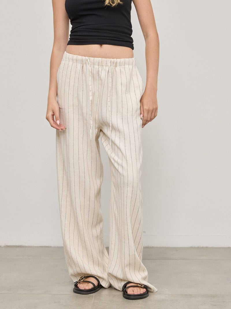 מכנסי פשתן פסים יובל | שמנת