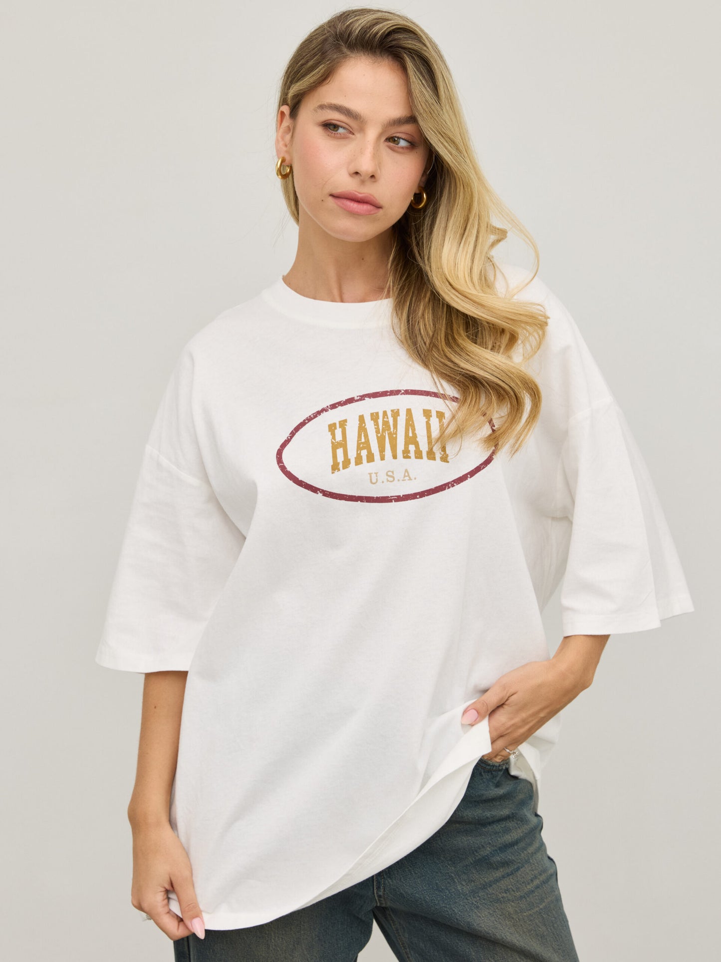 טישירט אוברסייז פרינט HAWAII | לבן