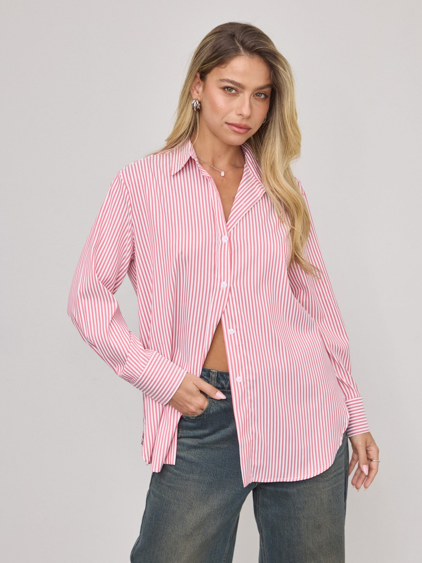 חולצה מכופתרת פסים מנדי | אדום