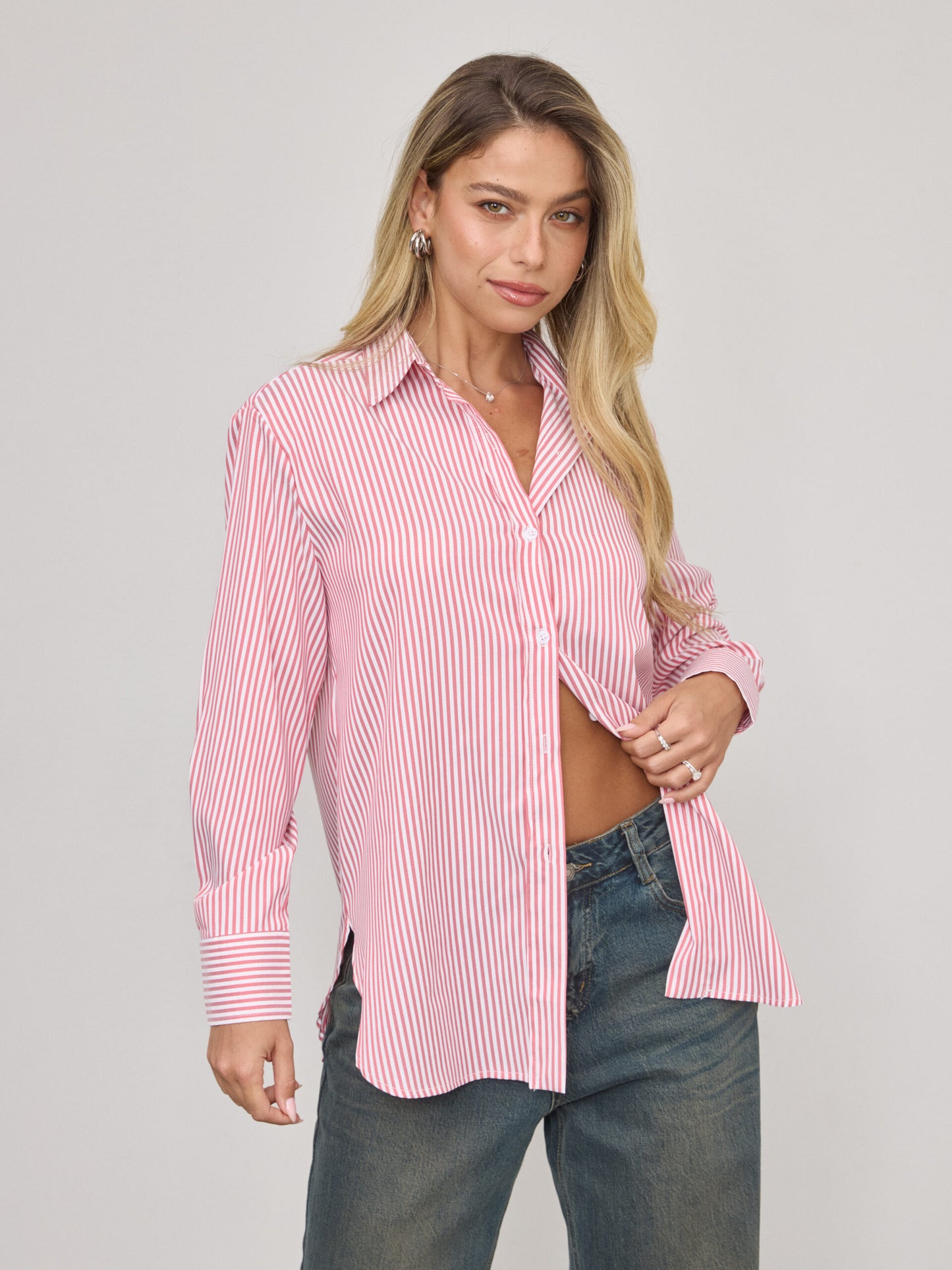 חולצה מכופתרת פסים מנדי | אדום