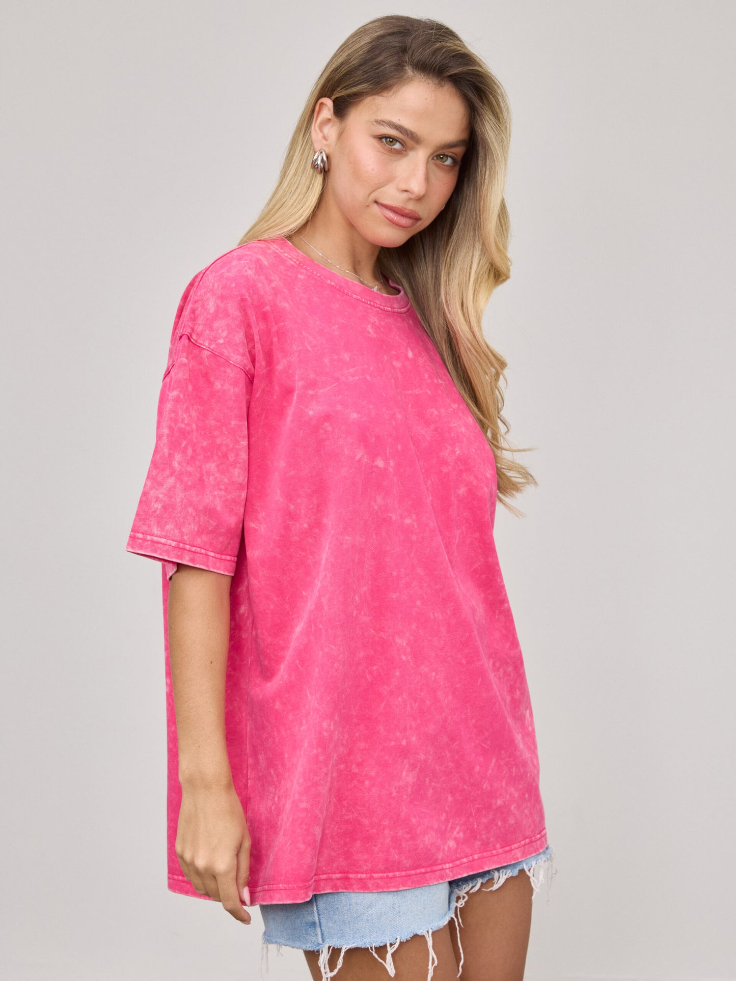 טישירט בייסיק אוברסייז טרי | ורוד