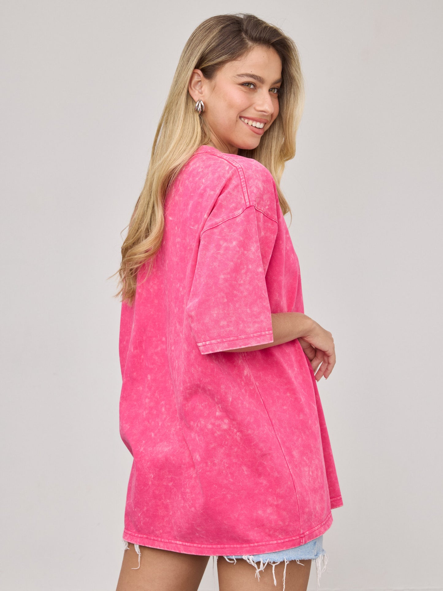 טישירט בייסיק אוברסייז טרי | ורוד