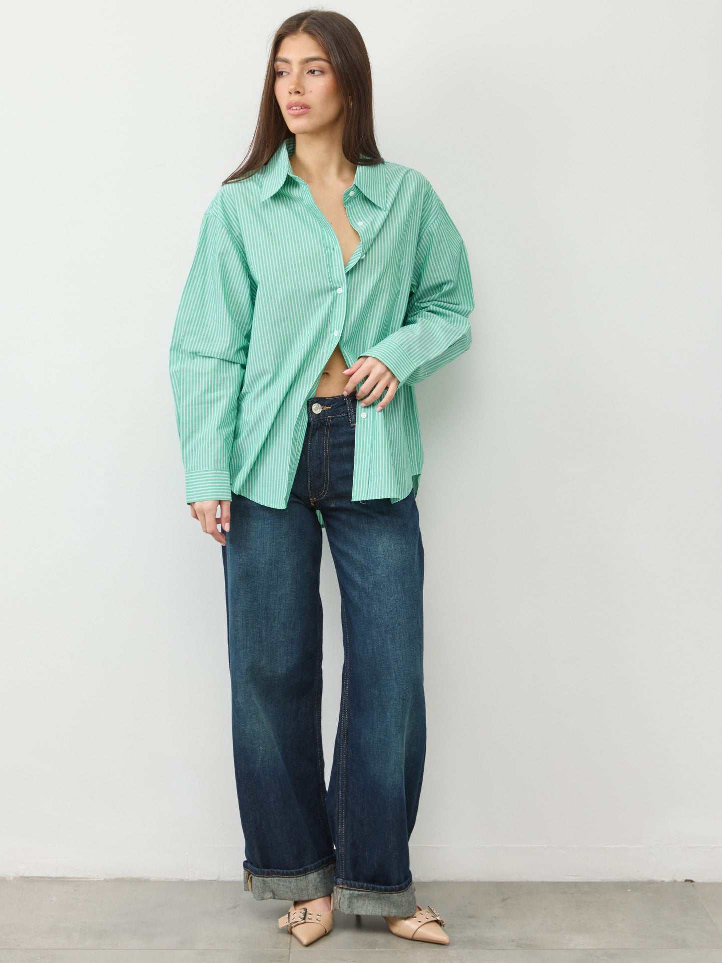 חולצה מכופתרת פסים פייר | ירוק
