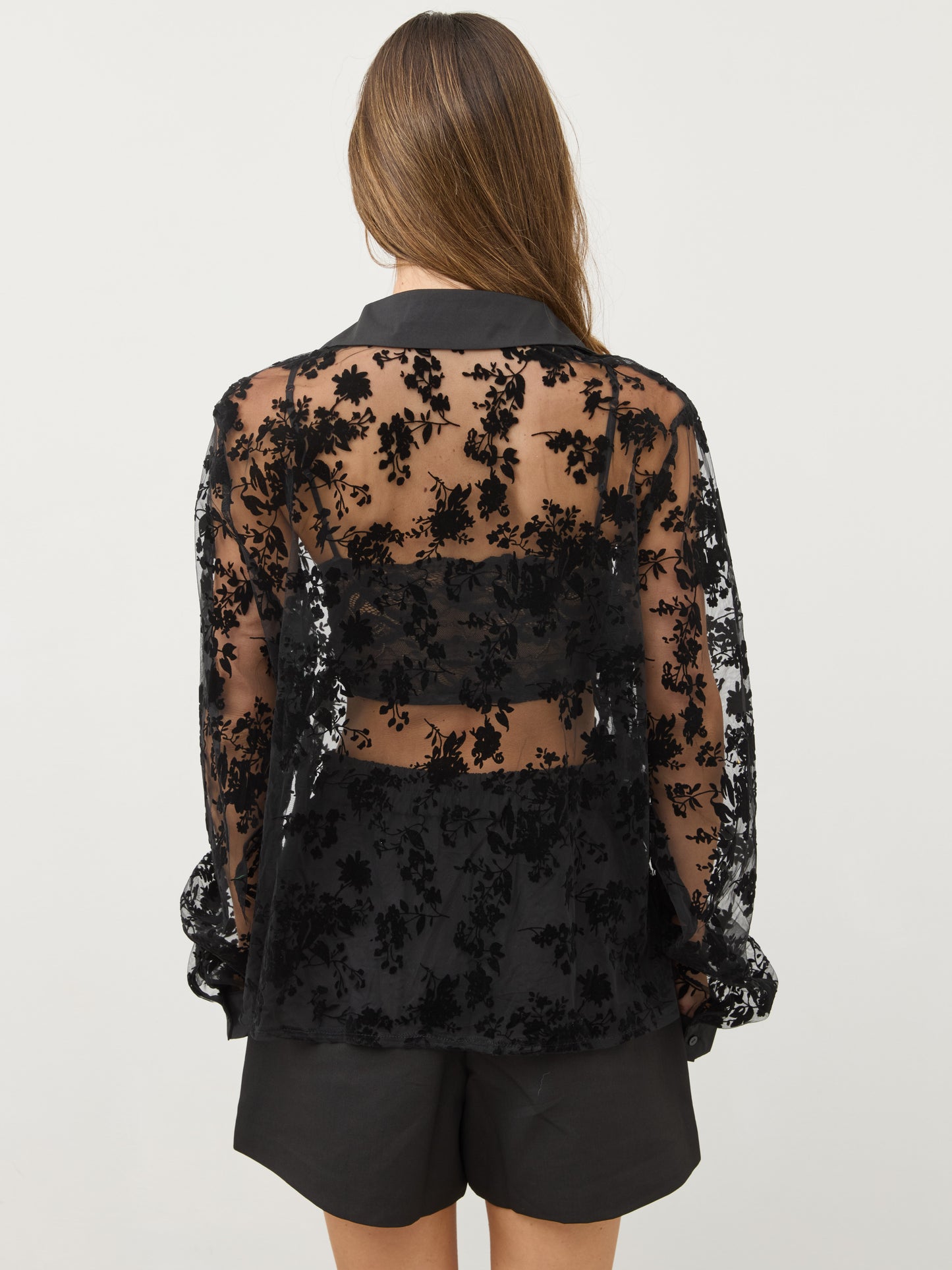 חולצת תחרת קטיפה אמי | שחור