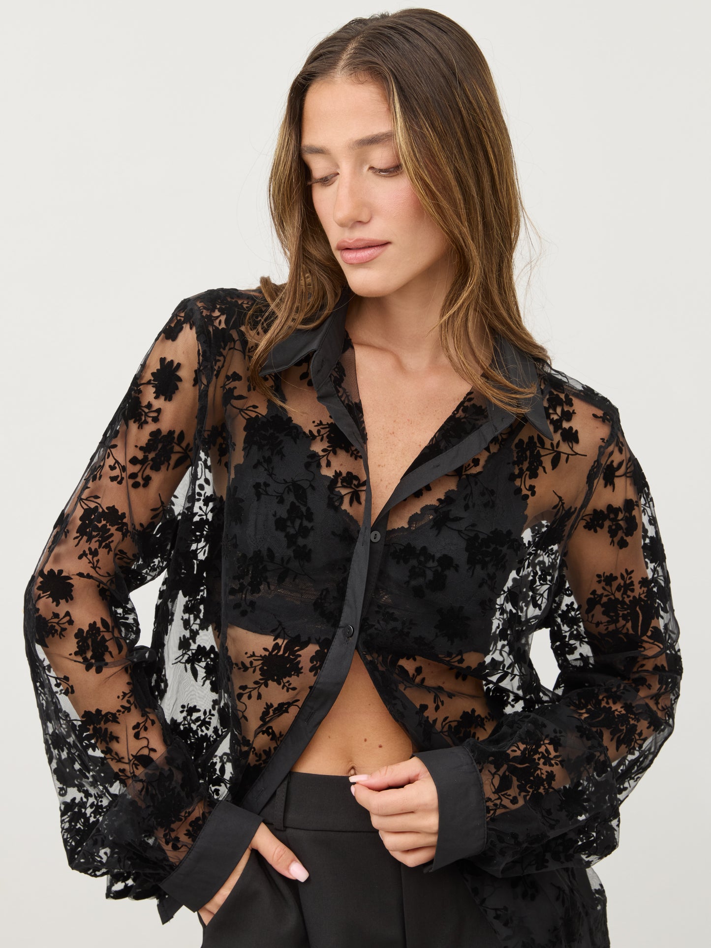 חולצת תחרת קטיפה אמי | שחור