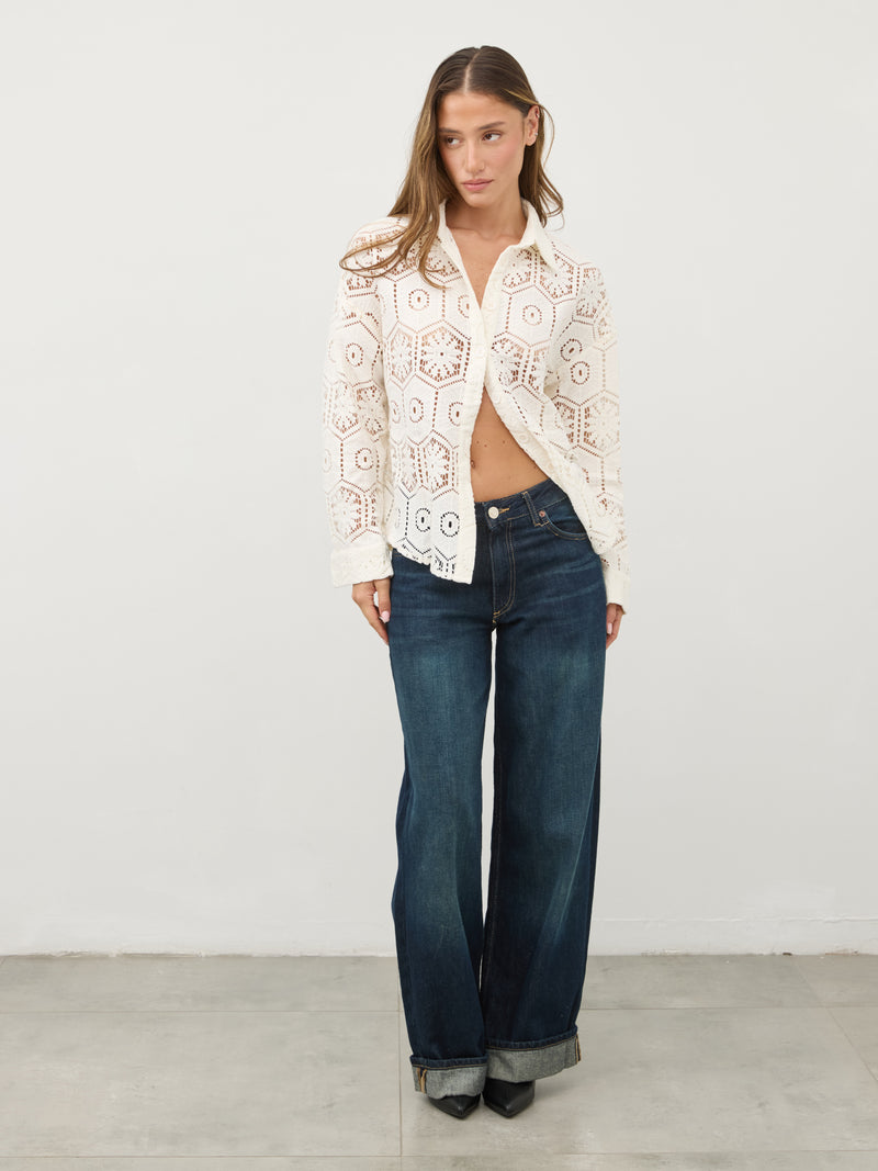 חולצת תחרה  מכופתרת דוני | לבן