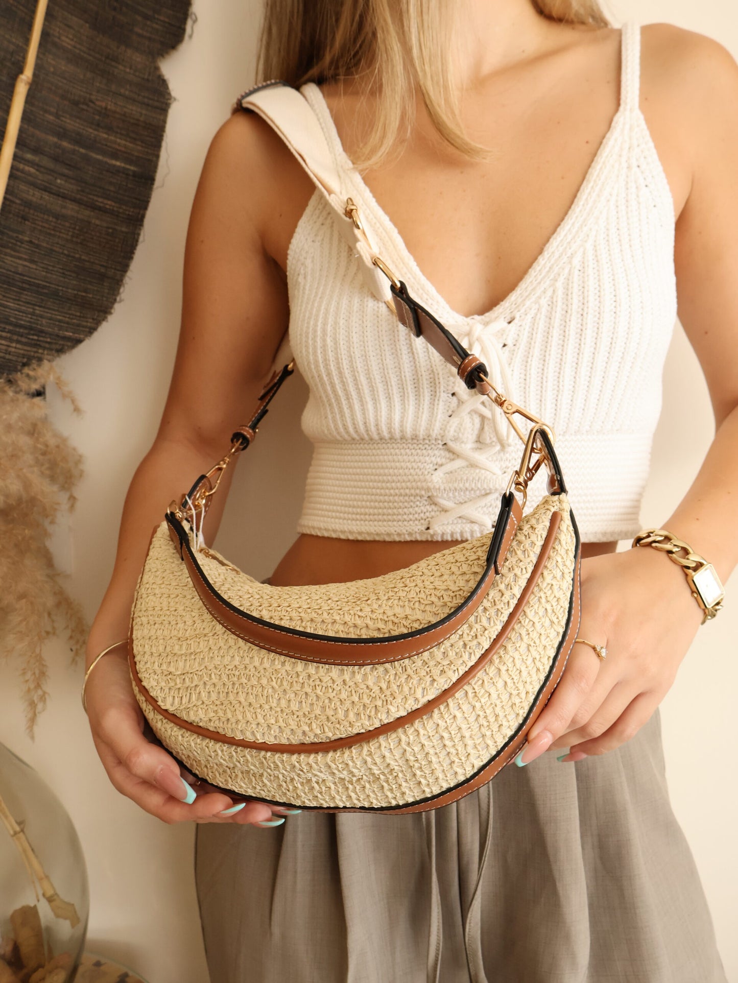 תיק קש רוקו | חום